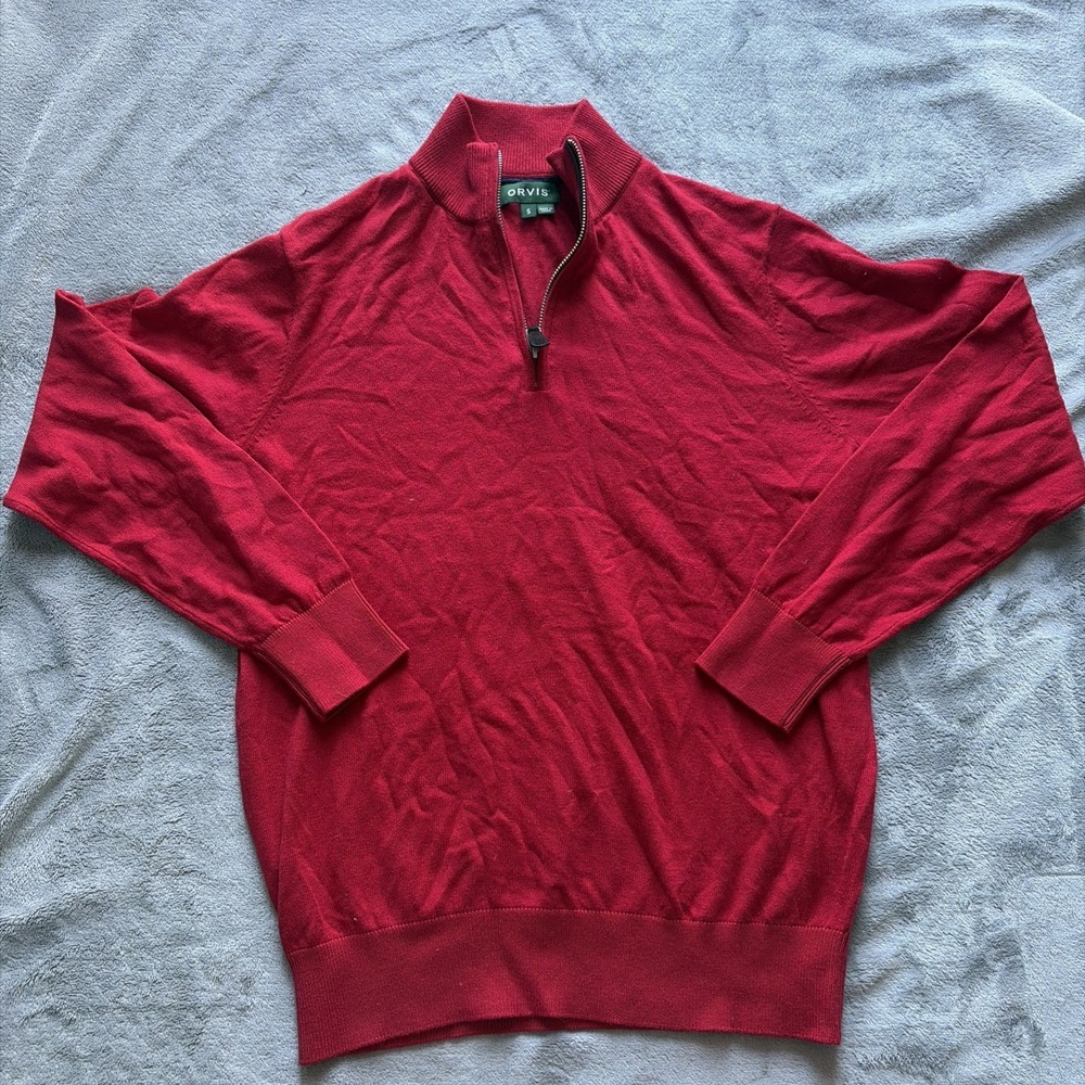 Orvis Sweater Mens Small Red 1/4 Zip Cotton Silk Cashmere Office Work Minimal
